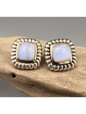 Vintage CNA 14K Gold 925 Sterling Silver Blue Lace Agate Omega Back Earrings 15g